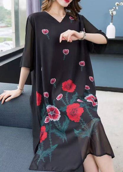 Black V Neck Rose Patchwork Chiffon Dress Summer