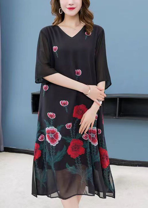 Black V Neck Rose Patchwork Chiffon Dress Summer