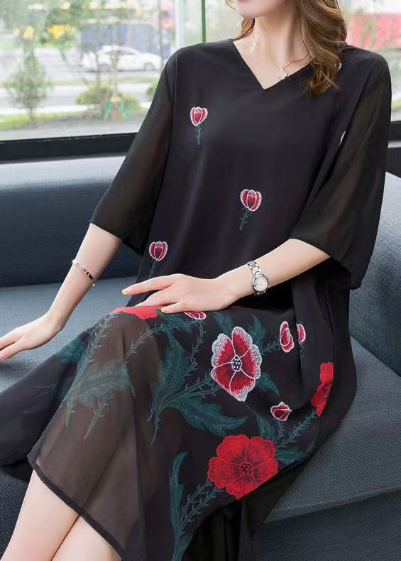 Black V Neck Rose Patchwork Chiffon Dress Summer