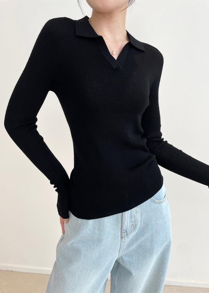 Black V Neck Silm Fit Knit Tops Spring