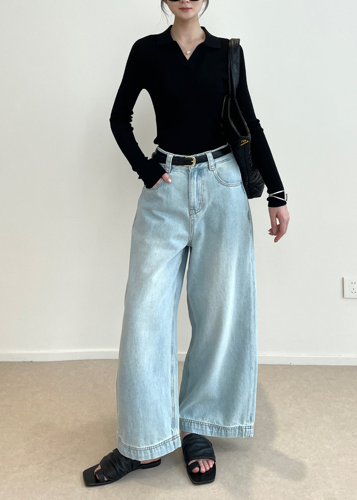 Black V Neck Silm Fit Knit Tops Spring