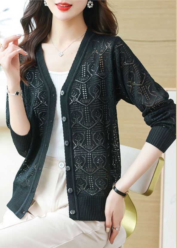 Black V Neck Ice Size Knit Cardigans Summer