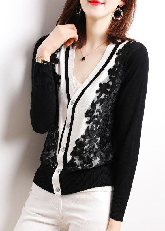 Black V Neck Tulle Patchwork Knit Tops Long Sleeve