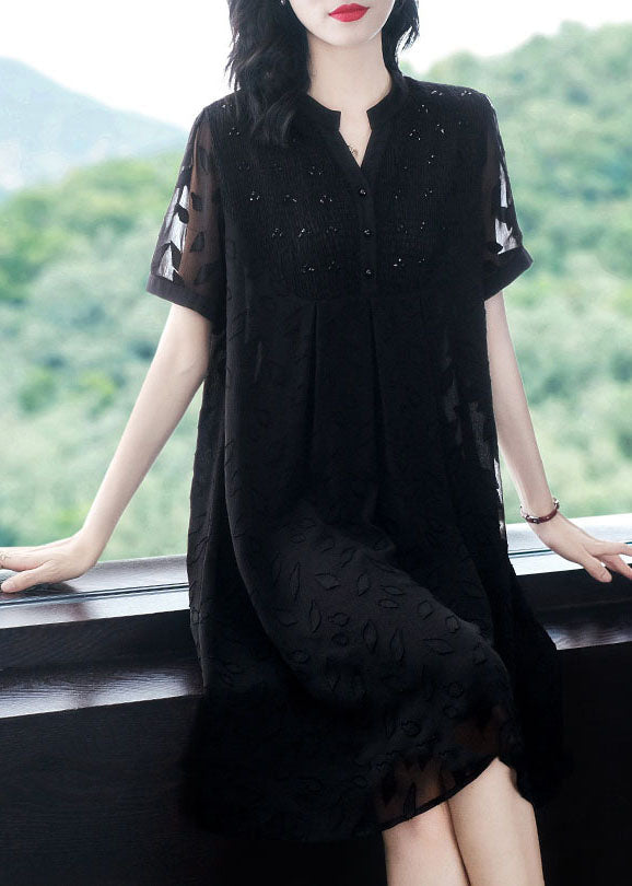 Black V Neck Wrinkled Patchwork Jacquard Chiffon Holiday Dress Short Sleeve