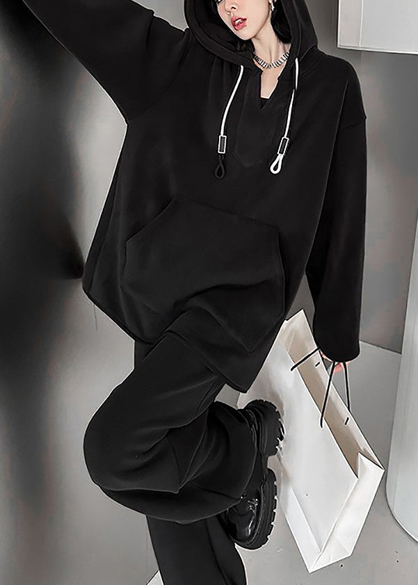 Black Warm Fleece Hooded Sweatshirt and Lantern Pants Two Pieces Set Winter