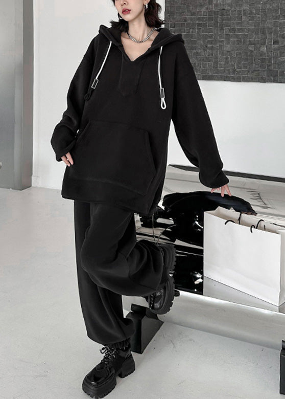 Black Warm Fleece Hooded Sweatshirt and Lantern Pants Two Pieces Set Winter
