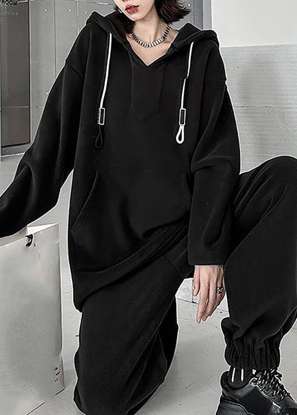 Black Warm Fleece Hooded Sweatshirt and Lantern Pants Two Pieces Set Winter