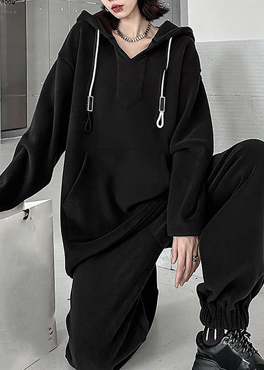 Black Warm Fleece Hooded Sweatshirt and Lantern Pants Two Pieces Set Winter
