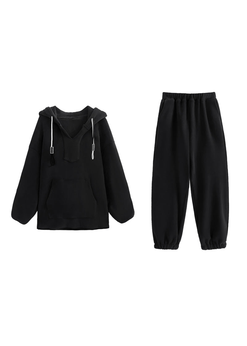 Black Warm Fleece Hooded Sweatshirt and Lantern Pants Two Pieces Set Winter