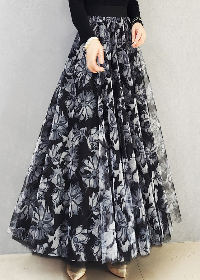 Black White High Waist Print Draping Tulle Maxi Skirt Spring