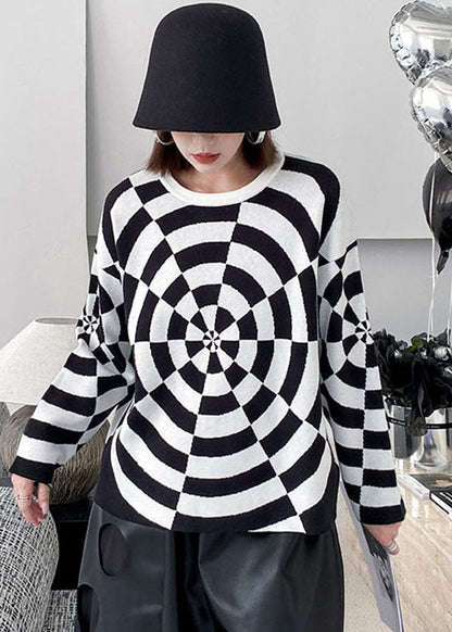 Black White O-neck Original Design Print Knit Sweater Winter