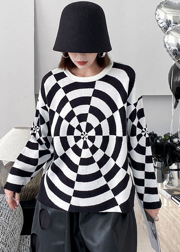 Black White O-neck Original Design Print Knit Sweater Winter