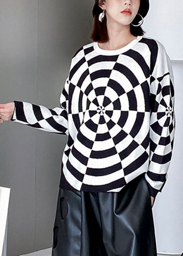 Black White O-neck Original Design Print Knit Sweater Winter