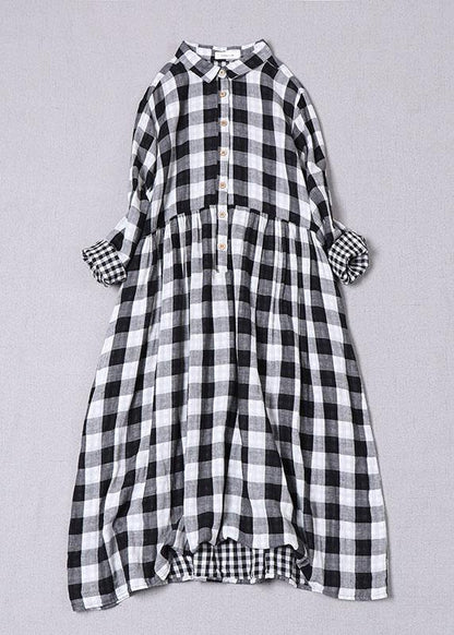 Red White Plaid Peterpan Collar Pockets Button Fall Patchwork Dresses