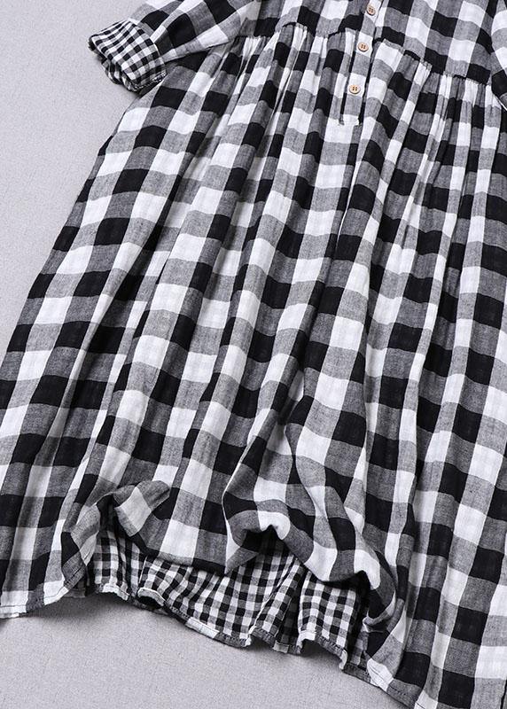 Black White Plaid Peterpan Collar Pockets Button Fall Patchwork Dresses