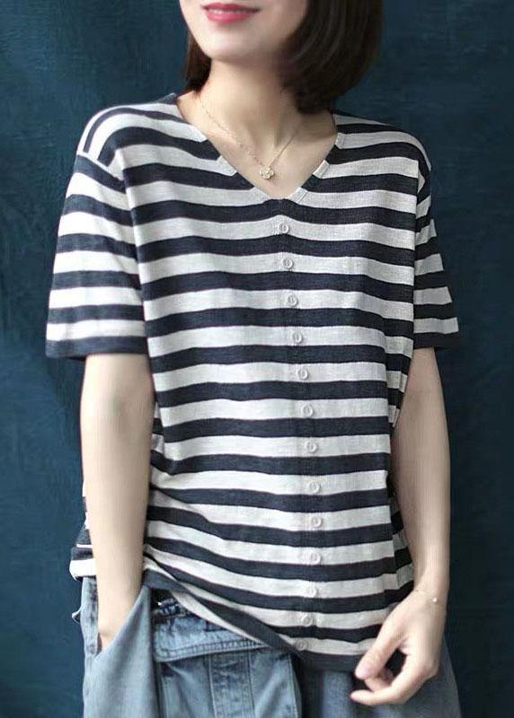 Black White Striped V Neck Button Top Summer