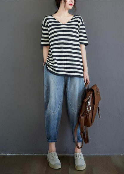 Black White Striped V Neck Button Top Summer