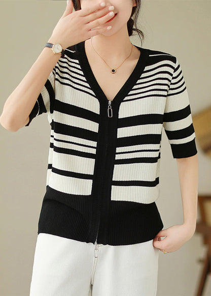 Black White Striped Zippered Knit Cardigan Spring