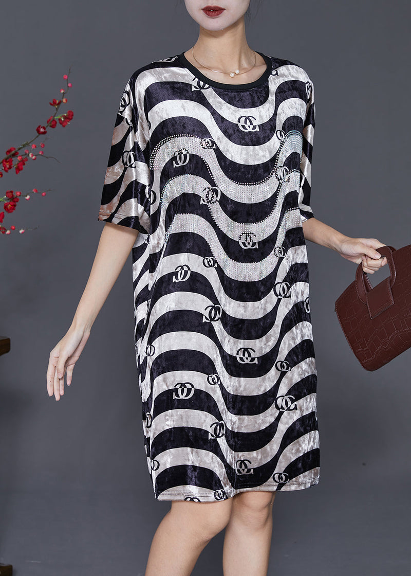 Black White Wave Striped Silk Velour Dress Summer
