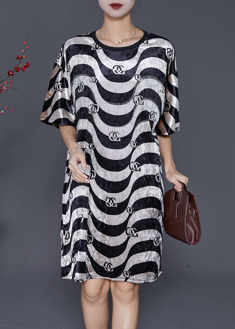 Black White Wave Striped Silk Velour Dress Summer