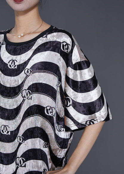 Black White Wave Striped Silk Velour Dress Summer