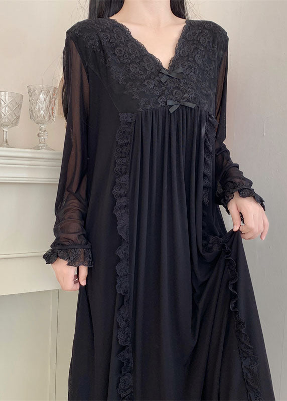 Black Wrinkled Ruffled Lace Patchwork Tulle Vacation Maxi Dresses Long Sleeve