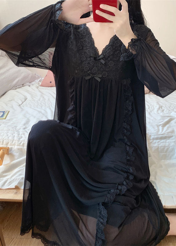 Black Wrinkled Ruffled Lace Patchwork Tulle Vacation Maxi Dresses Long Sleeve
