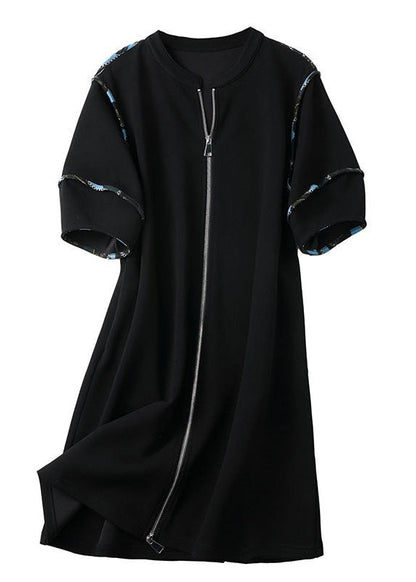 Black Zip Up Patchwork Cotton Mid Dresses Summer