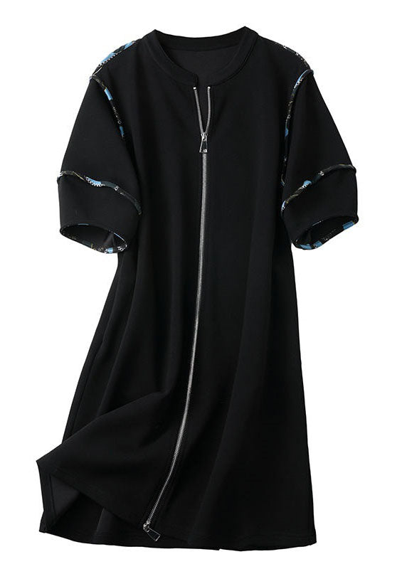 Black Zip Up Patchwork Cotton Mid Dresses Summer