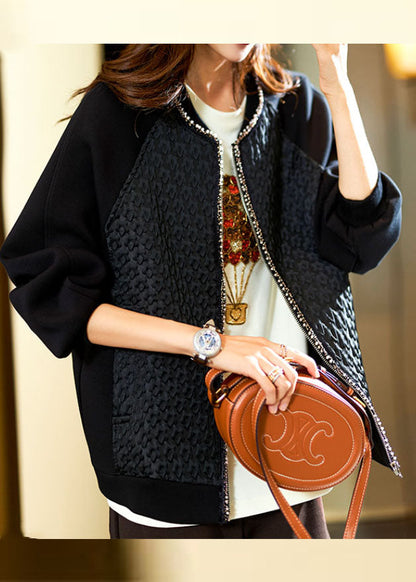 Black Zippered Patchwork Nail Bead Coats Long Sleeve