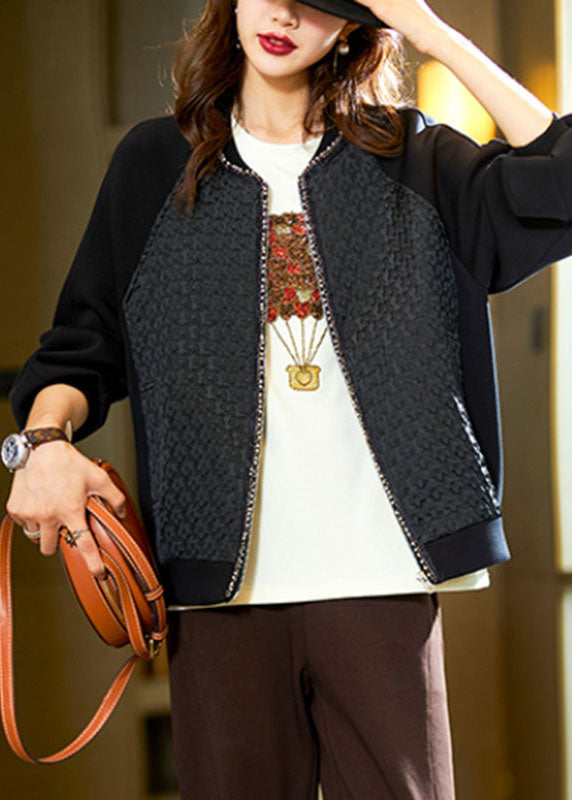 Black Zippered Patchwork Nail Bead Coats Long Sleeve
