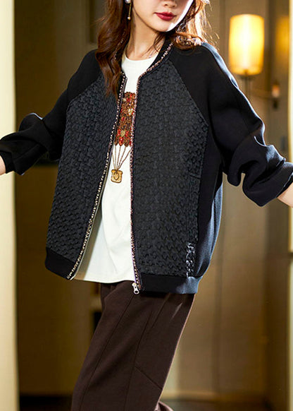 Black Zippered Patchwork Nail Bead Coats Long Sleeve