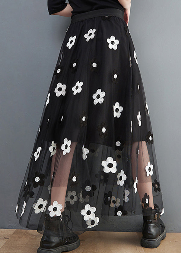 Black Elastic Waist Tulle a Line Skirt Spring