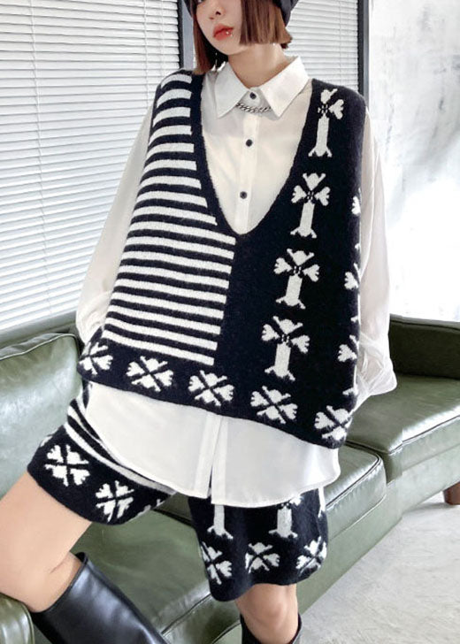 Black V Neck Jacquard Knit Vest + Wide Leg Fall Two Pieces Set