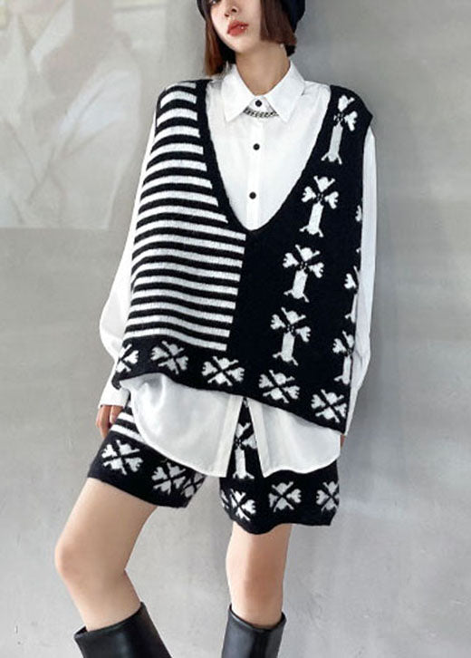 Black V Neck Jacquard Knit Vest + Wide Leg Fall Two Pieces Set