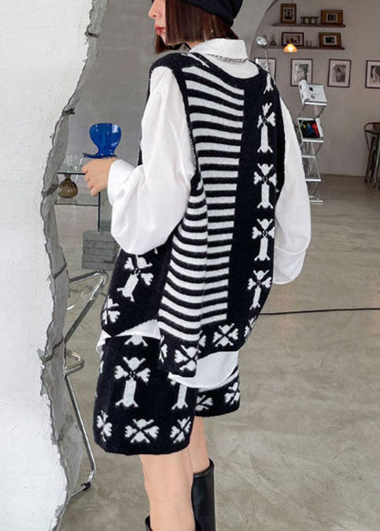 Black V Neck Jacquard Knit Vest + Wide Leg Fall Two Pieces Set