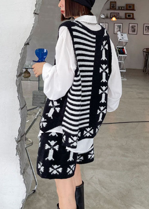 Black V Neck Jacquard Knit Vest + Wide Leg Fall Two Pieces Set