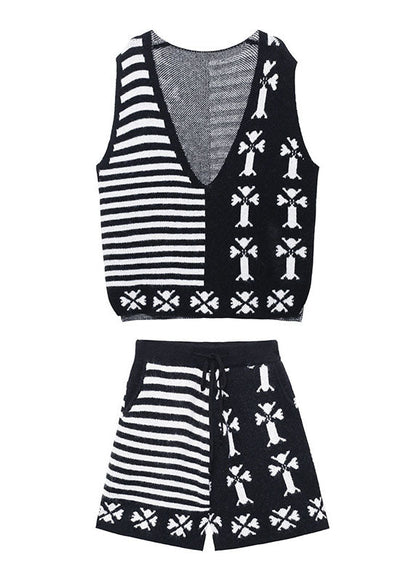 Black V Neck Jacquard Knit Vest + Wide Leg Fall Two Pieces Set