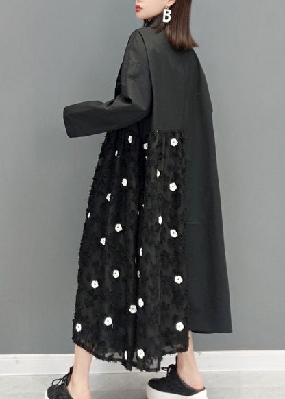 Black Lace Patchwork Shirt Dresses Spring