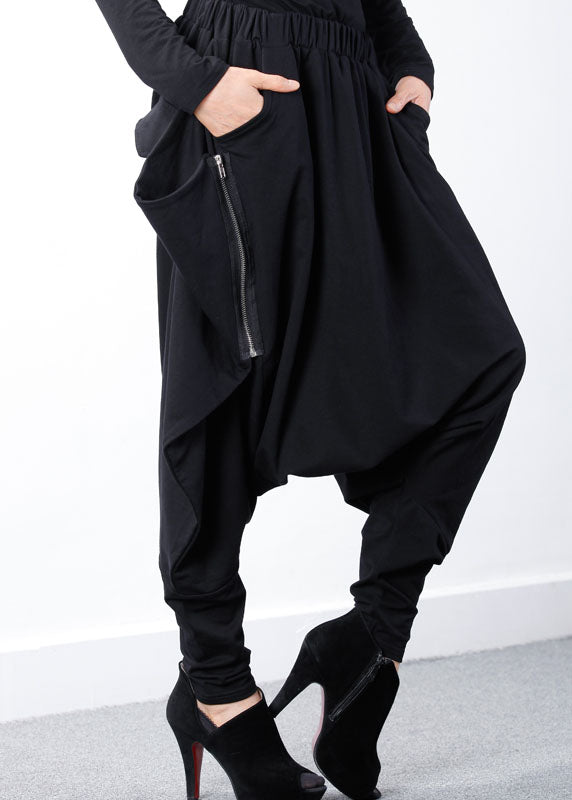 Black Zippered Asymmetrical Design Jogging Spring Pants
