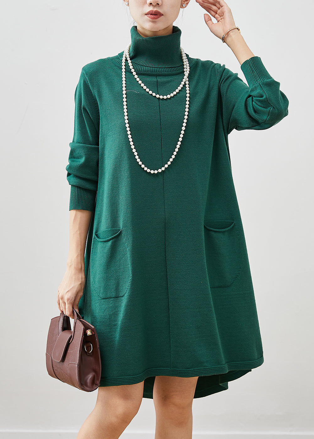 Blackish Green High Neck Pockets Cotton a Line Dresses Spring