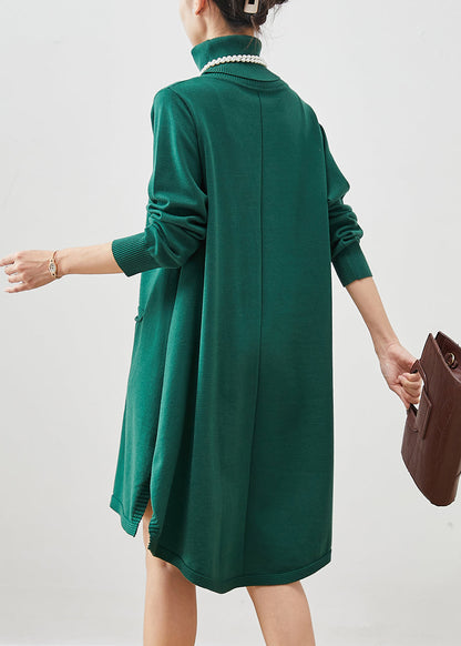 Blackish Green High Neck Pockets Cotton a Line Dresses Spring