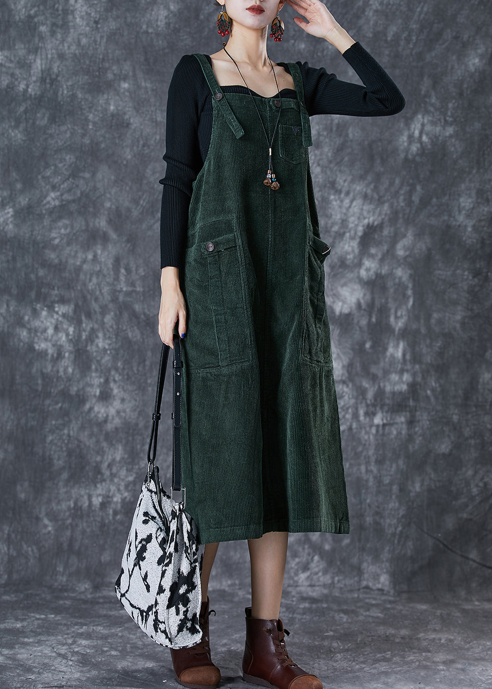 Blackish Green Oversized Pockets Corduroy Strap Dress Fall