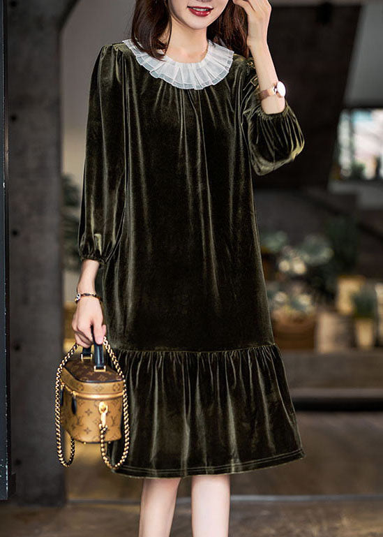 Blackish Green Ruffled Patchwork Silk Velour Maxi Dresses Winter