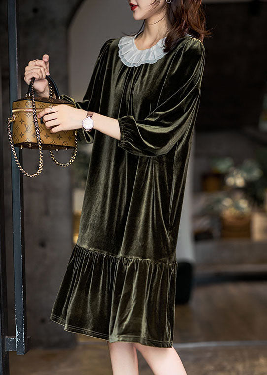 Blackish Green Ruffled Patchwork Silk Velour Maxi Dresses Winter