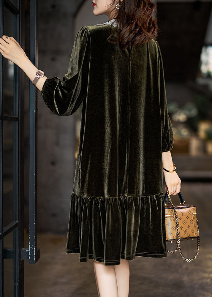 Blackish Green Ruffled Patchwork Silk Velour Maxi Dresses Winter