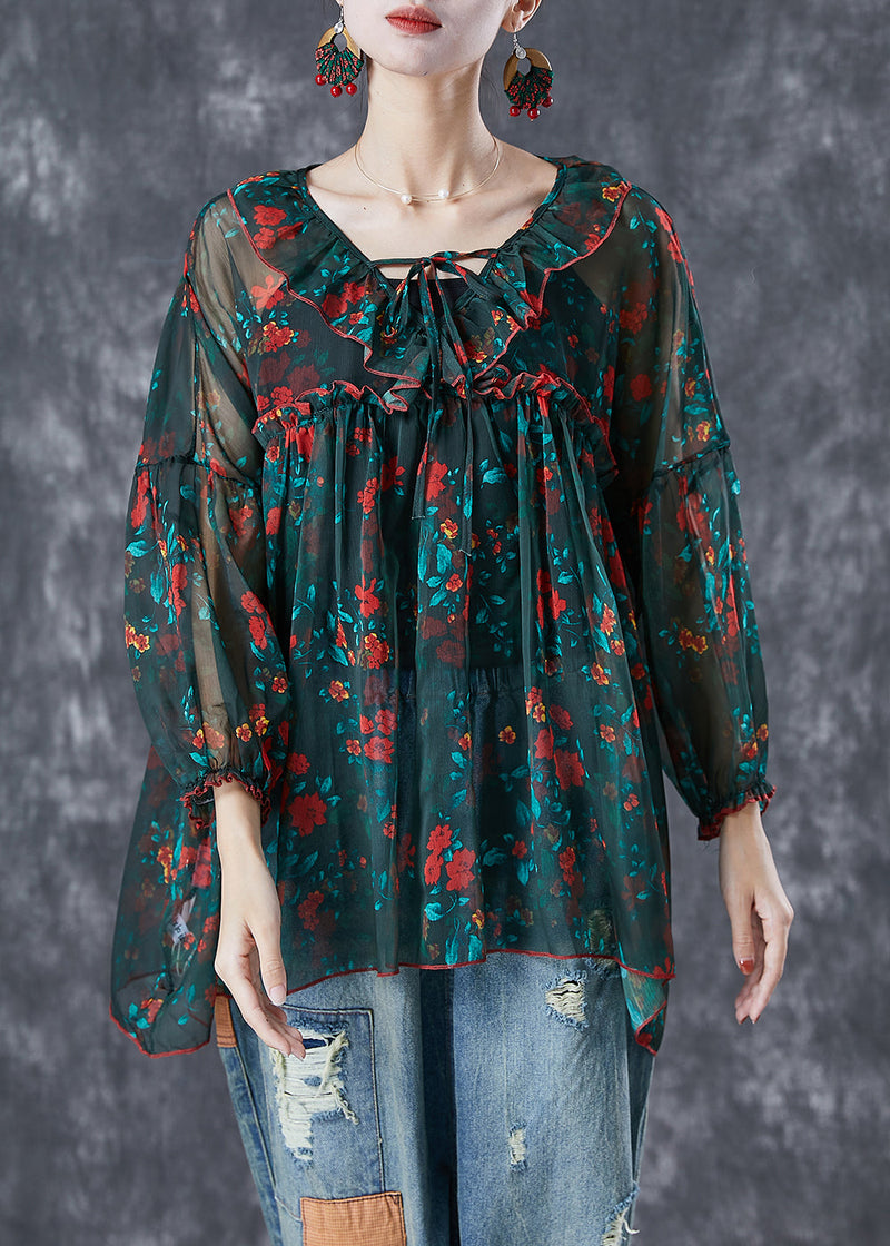 Blackish Green Ruffled Print Chiffon Blouses Summer
