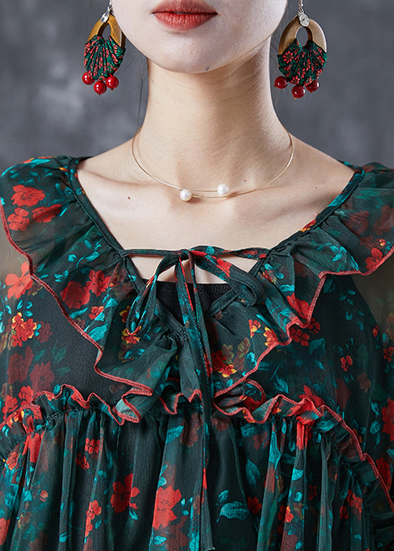 Blackish Green Ruffled Print Chiffon Blouses Summer