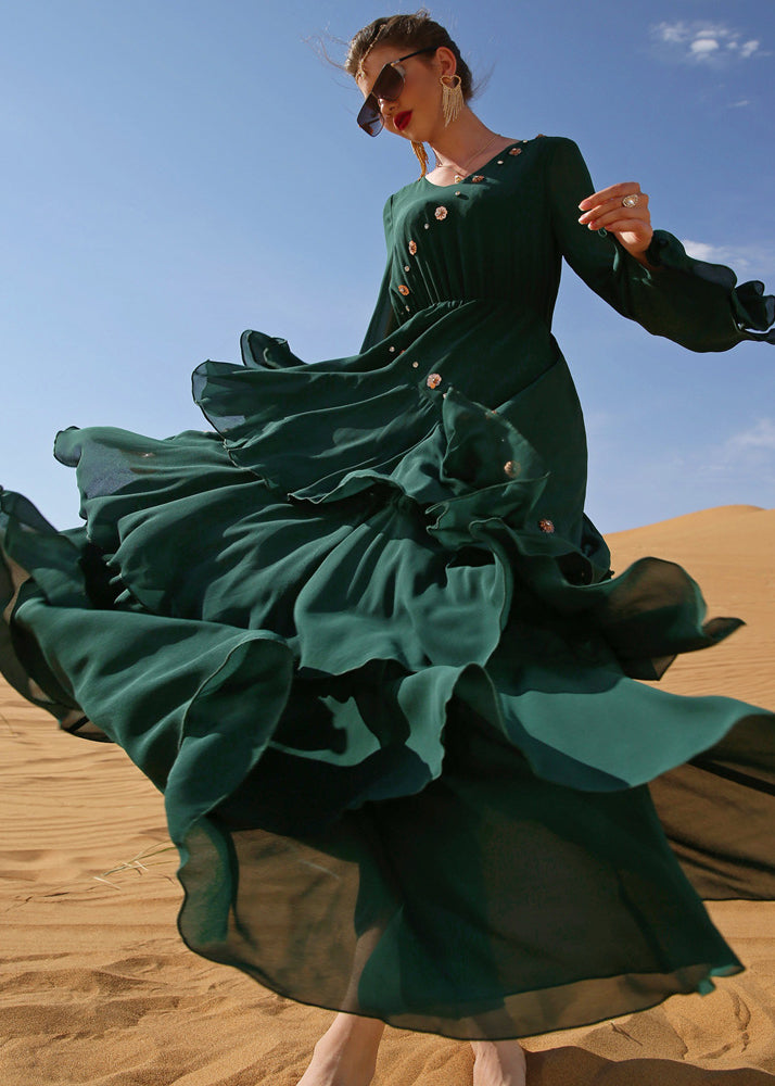 Blackish Green Wrinkled Sashes Chiffon Long Beach Dress Long Sleeve