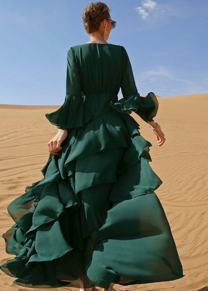 Blackish Green Wrinkled Sashes Chiffon Long Beach Dress Long Sleeve
